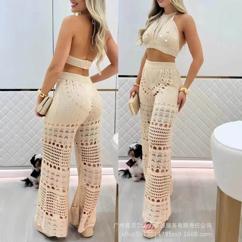 Pant Set Women Two Piece Sets Backless Matching Sets Short Tops Beach Knitted Hollow Out Wide Leg Long Pants High Waist Summer