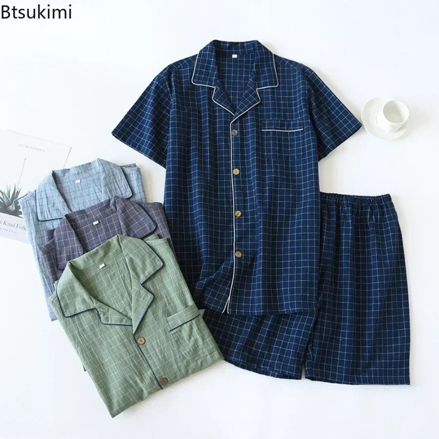 New2025 Men's Summer PajamasThin Short-sleeved Shorts Soft Cotton Simple Japanese Plaid Home Service Suit Pantalon Pijama Hombre