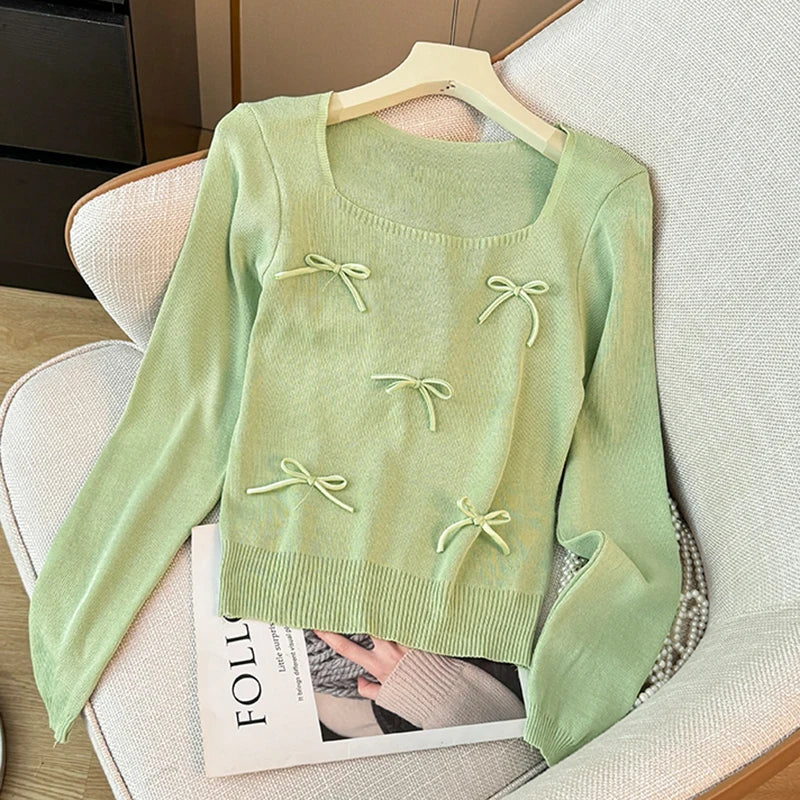 Women Bow Cute Knitted Crop Tops Long Sleeve Square Collar Slim Black Pullover Sweater Female 2025 Autumn And Winter