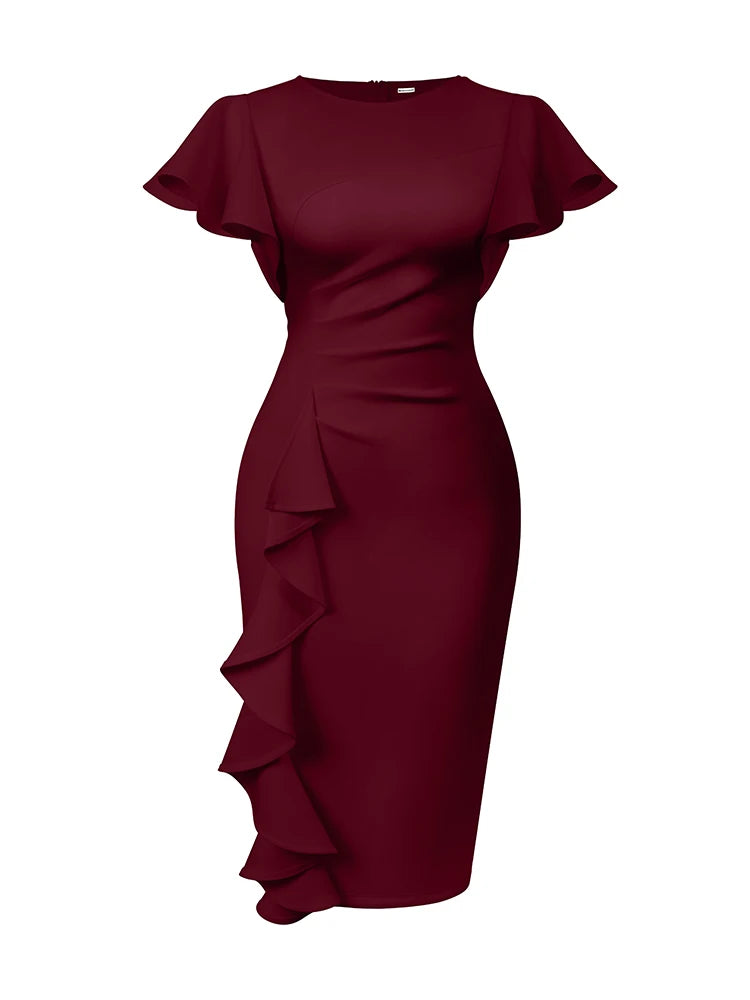 Women's Formal Evening Gown Slim Dress Ruffle Decoration Elegant Mid-Length Dress for Cocktail Parties Banquets