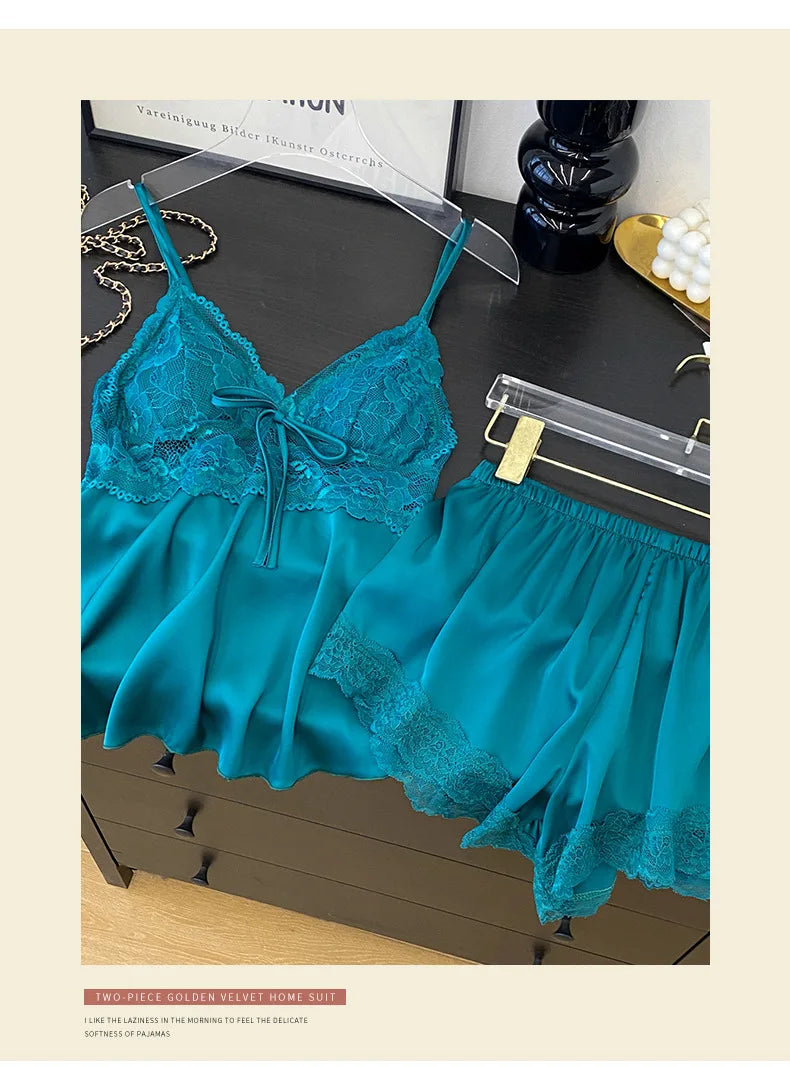 Female Suspender Pajamas Set Lounge Wear Sexy Hollow Out Lace Intimate Lingerie Sleepwear Summer New Strap Top&shorts Homewear