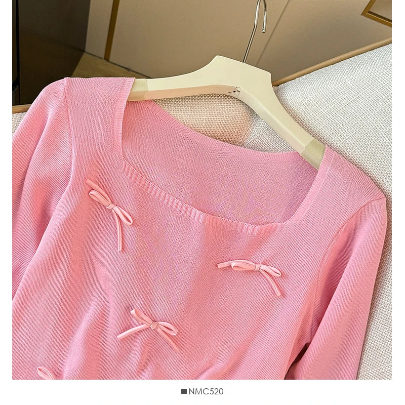 Women Bow Cute Knitted Crop Tops Long Sleeve Square Collar Slim Black Pullover Sweater Female 2025 Autumn And Winter