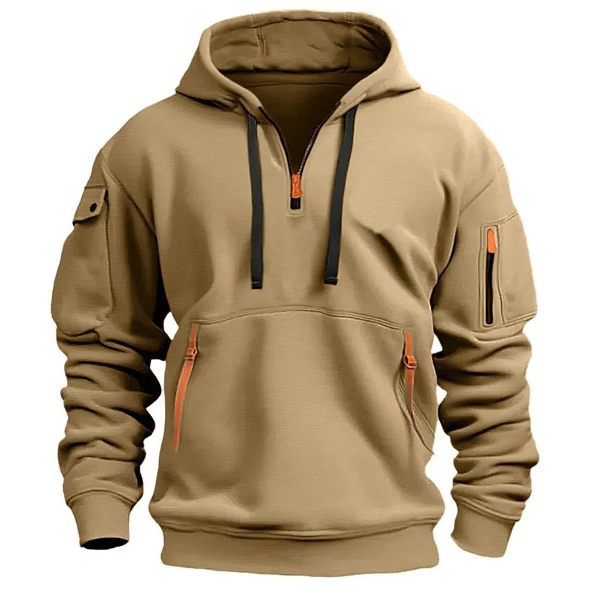 Men's fashion hoodie Spring and autumn new arm zipper multi-pocket streamer pullover men's sports casual long-sleeved hoodie