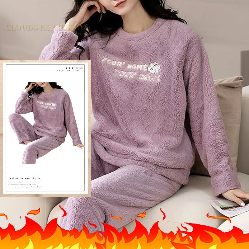Autumn Winter Flannel Women's Pajamas Sets Polka Dots Printed Teddy Sleepwear Velvet Homewear Kawaii Girsl Pijamas Mujer Pyjama