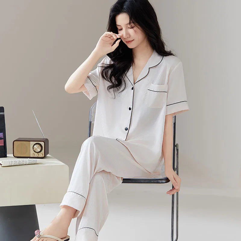 Pajamas for Couples Ice Silk Satin Men's Women's Short Sleeves Shirt Pants Sleepwear Home Clothes Suit Male Pijama