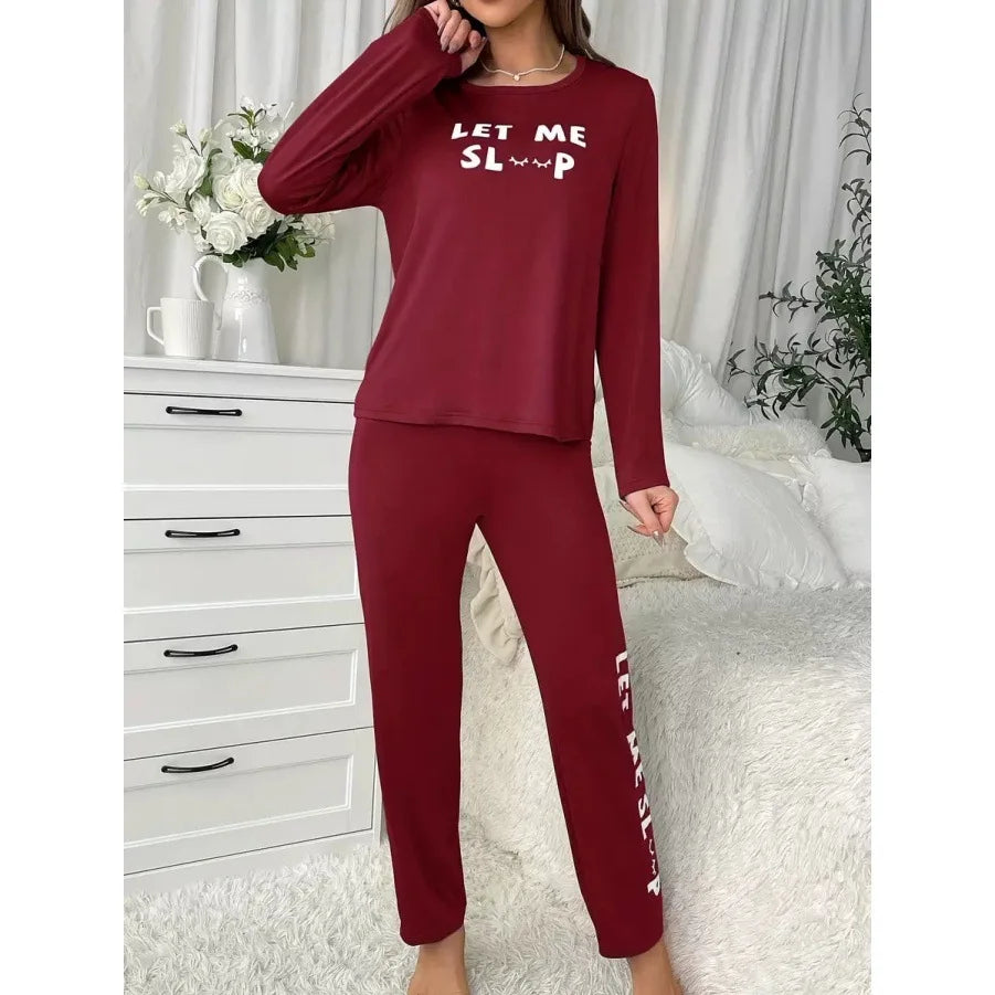 Women's Pyjama Set Fashionable Alphabet Print Round Neck Top and Long Trousers Set Simple and Casual Homewear