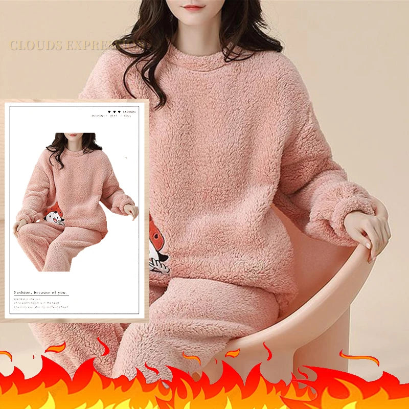 Autumn Winter Flannel Women's Pajamas Sets Polka Dots Printed Teddy Sleepwear Velvet Homewear Kawaii Girsl Pijamas Mujer Pyjama