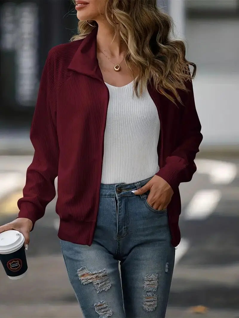 Independent station casual women's autumn and winter new jacket solid color long sleeved loose zipper versatile knitted jacket