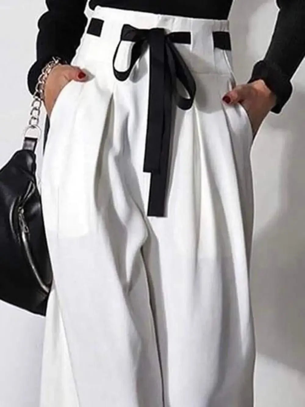 Women's White Pants  New Fashion Solid Color Pockets Pleated Drawstring High Waisted Wide Leg Loose Casual Trousers