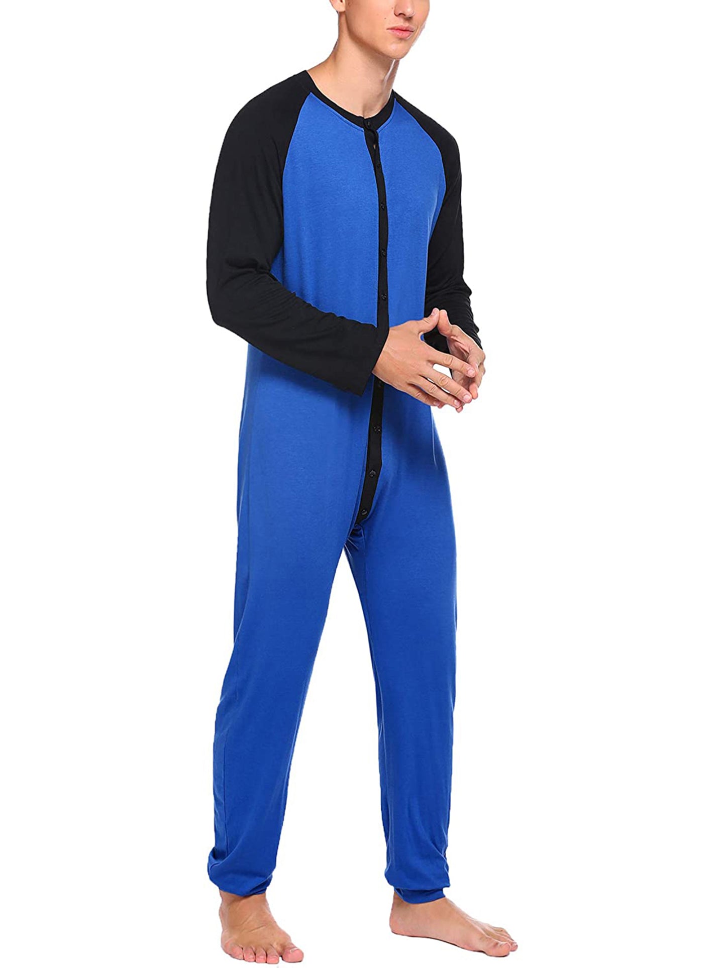 Men s Button Down  s Pajama Long Sleeve Round Neck Color Block Jumpsuit Nightwear For Adults