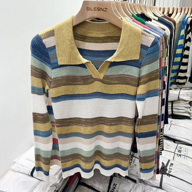 Polo Neck Shirts For Women Long Sleeve Tops Striped Clothing Knit Youth Offer Chic Elegant Summer 2024 T-shirt Woman Cotton New