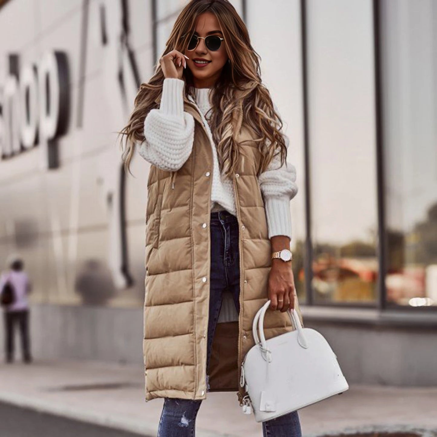 Women's Long Coat Vest With Hood Autumn Winter Sleeveless Warm Cotton Down Coat Waistcoat Quilted Vest Down Jacket Outwear 2XL