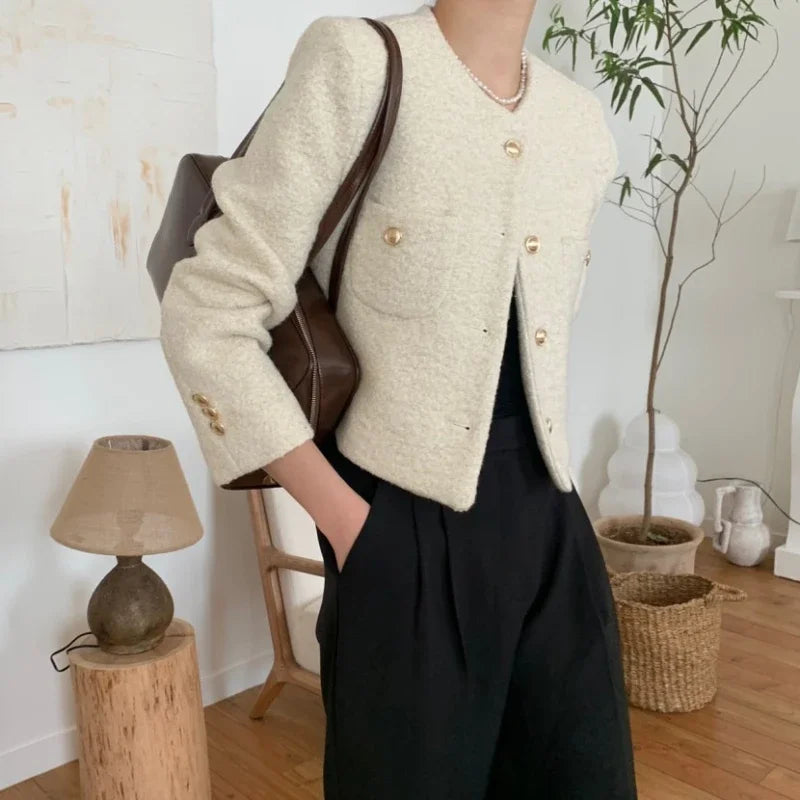 Women Autumn Winter 2025 French Vintage Coat Temperament High Quality Korean Casual Single Breasted Slim Tweed Jackets
