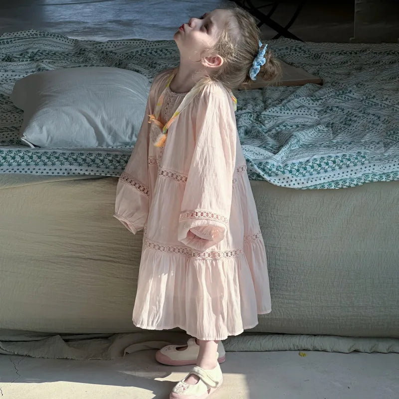 Girls Dress 2025 Spring New Elegant Lace Dress Sweet Girls Long Dress Ruffle Kids Dress For Girls