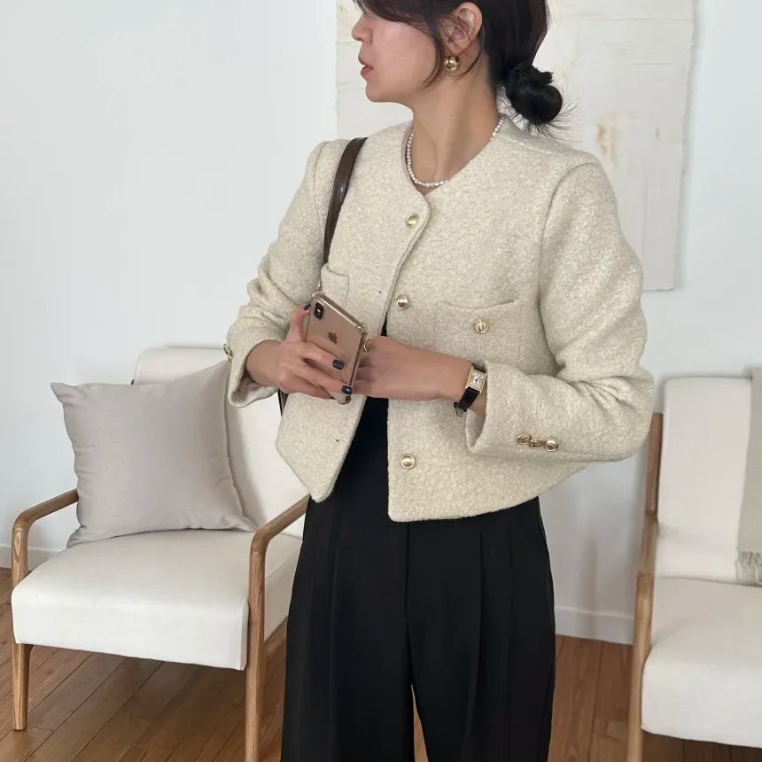 Women Autumn Winter 2025 French Vintage Coat Temperament High Quality Korean Casual Single Breasted Slim Tweed Jackets