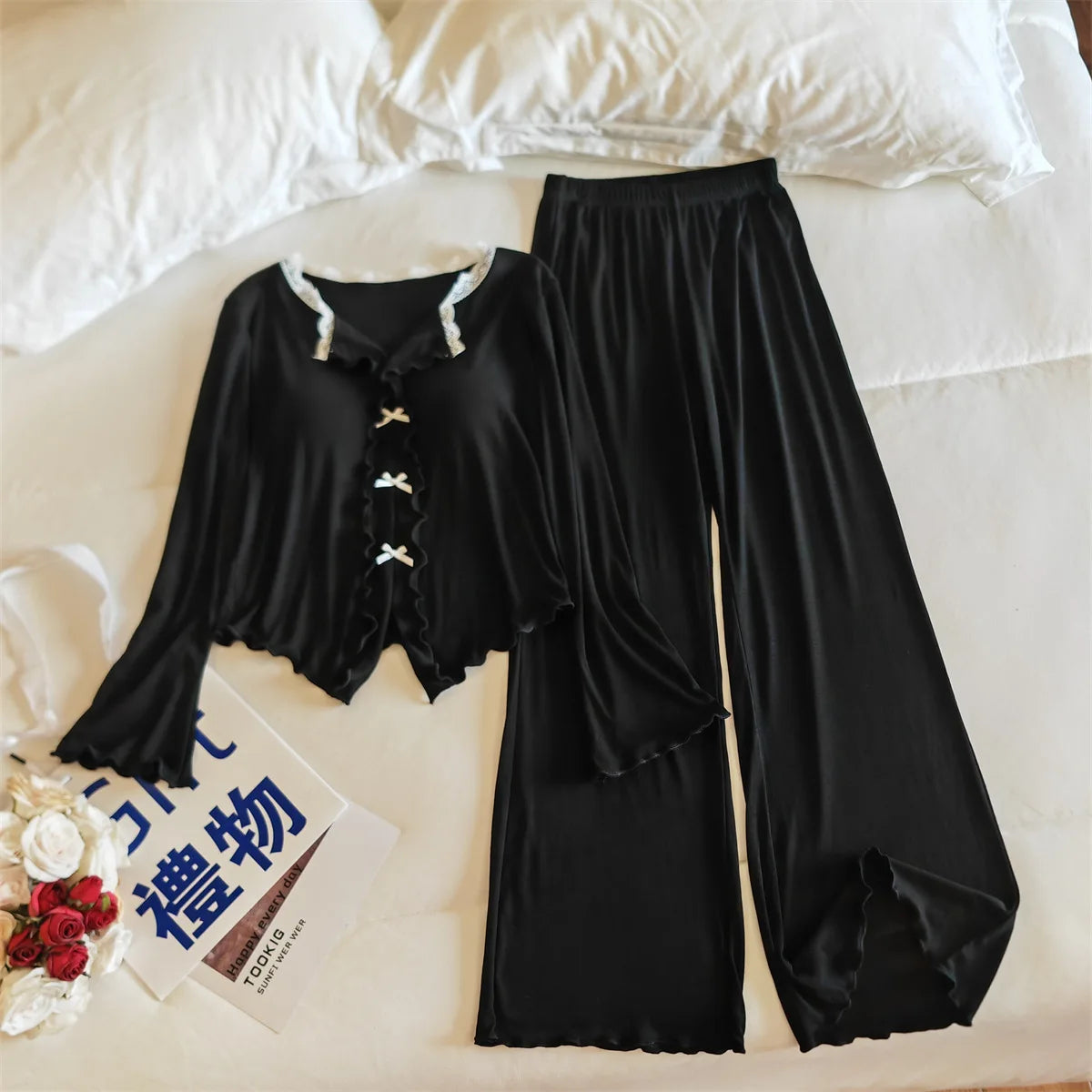 Pijama Feminina New Modal Chest Pad Set 2 Piece Woman Long Sleeve Pajama Sets Casual Korean Sleepwear Pyjamas Femme Home Wear