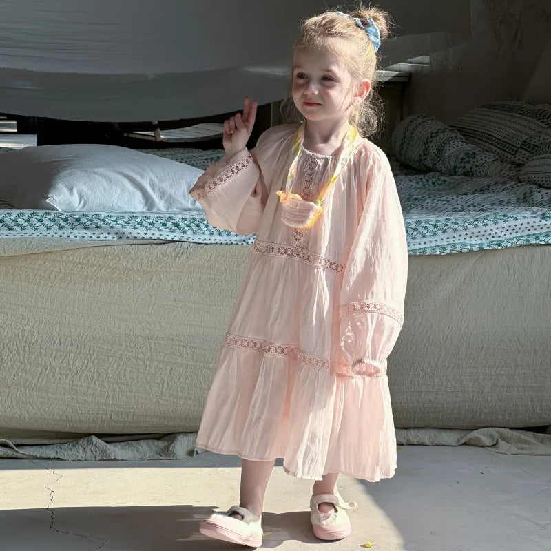 Girls Dress 2025 Spring New Elegant Lace Dress Sweet Girls Long Dress Ruffle Kids Dress For Girls