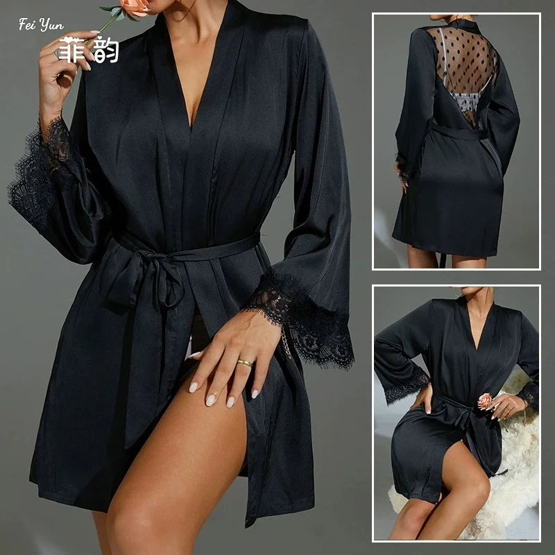 Women'S Robe Lace Gown Sexy Wedding Bathrobe Underwear Wear Ladies Mesh Nightwear Home Dress Loungewear
