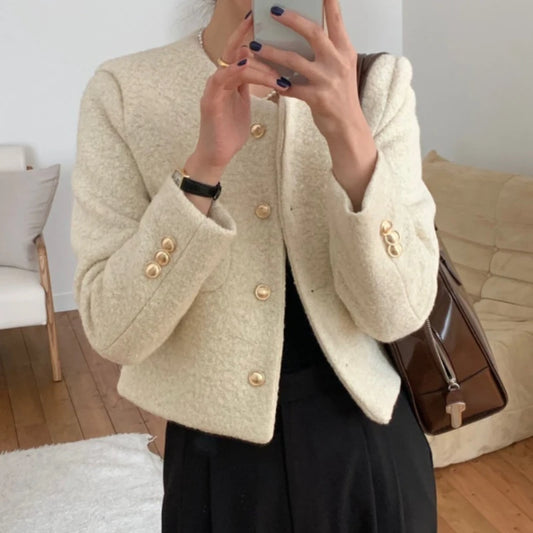 Women Autumn Winter 2025 French Vintage Coat Temperament High Quality Korean Casual Single Breasted Slim Tweed Jackets
