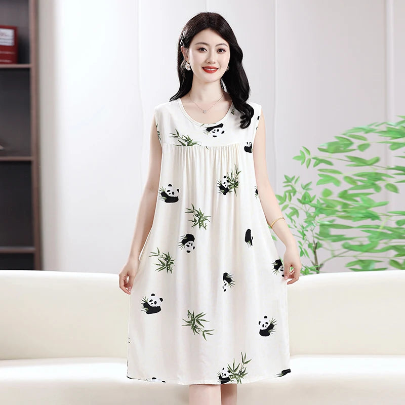 2025 New Women's Spwear Cotton Silk Nightgown round Ne Mid-Length Svel Dr Artificial Cotton Home Clothes