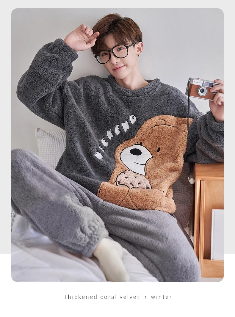 Winter Korean Men Pajamas Sets Adult Sleepwear Home Clothes Thicken Soft Pijama Suit Loungewear Loose Bear Male Pyjama Clothing
