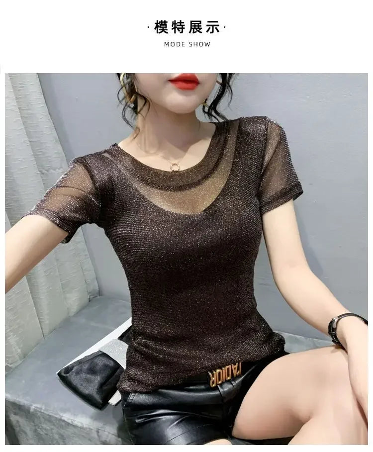 Summer Women Clothing 2025 New Half-sleeved Fashionable Short-sleeved T-shirt Hollow Mesh Top Lace Pullover