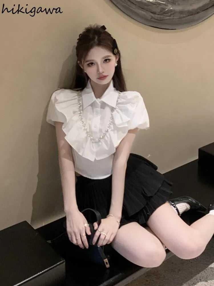 White Women Blouses 2025 Blusas Mujer De Moda Puff Sleeve Slim Fit Heavy Diamond Crop Tops Ruffles Sweet Summer Blouse Shirts