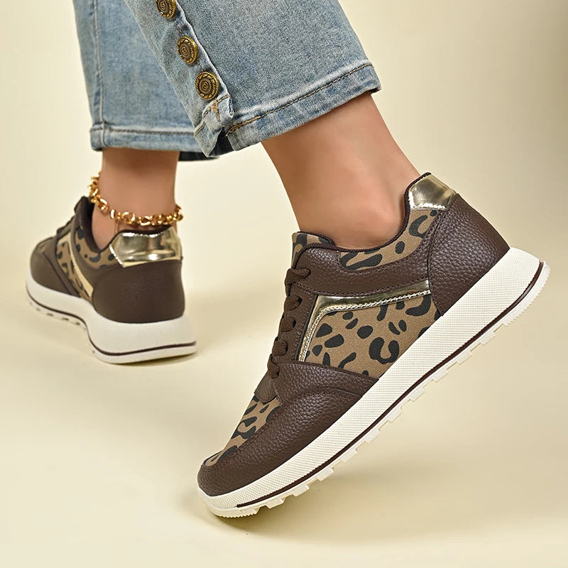 2025 Spring Leopard Print Platform Sneakers Women Black Thick Bottom Vulcanized Shoes Woman Cozy Lace Up Wedge Sport Shoes Woman