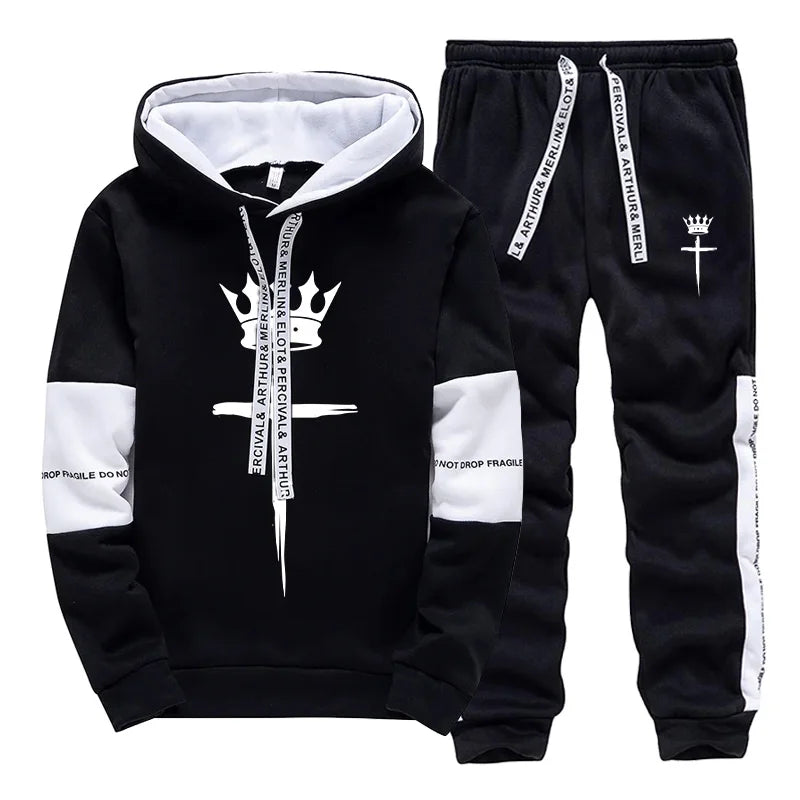 Cross Crown Print Sweatshirts Sweatpants High Quality Street Fashion Tracksuit 2025 Fall/winter Men's Sportswear 2pcs Set