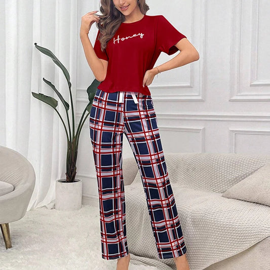 Women's Pajama Pj Set Letter Print Short Sleeve Top & Plaid Print Pants with Bow Details Casual Sleepwear for Adults All Seasons