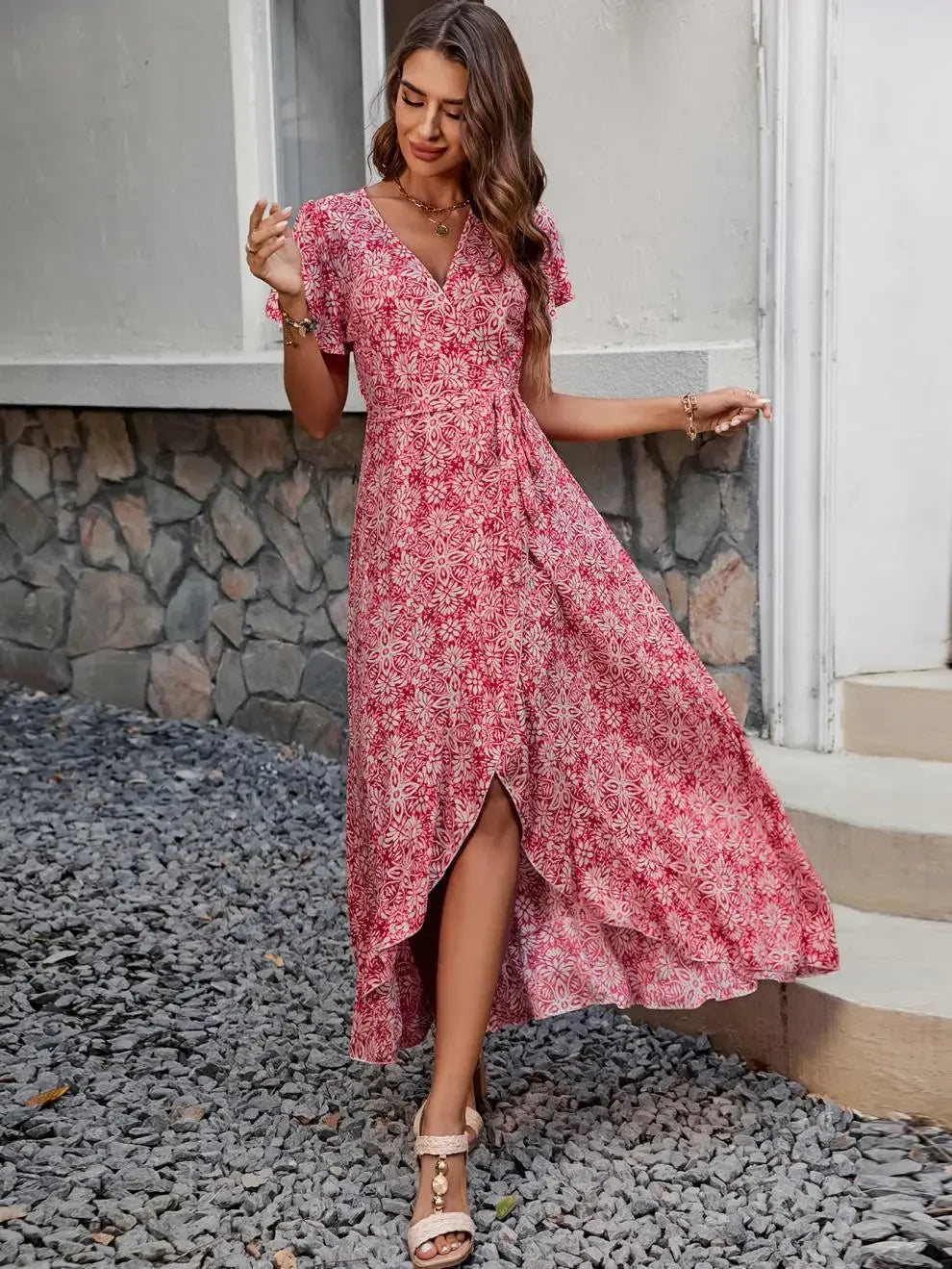 New Summer Women's V-neck Print Short-sleeve One-piece Belted Dress Beach Vacation Style Midi Skirt Regular Waistline