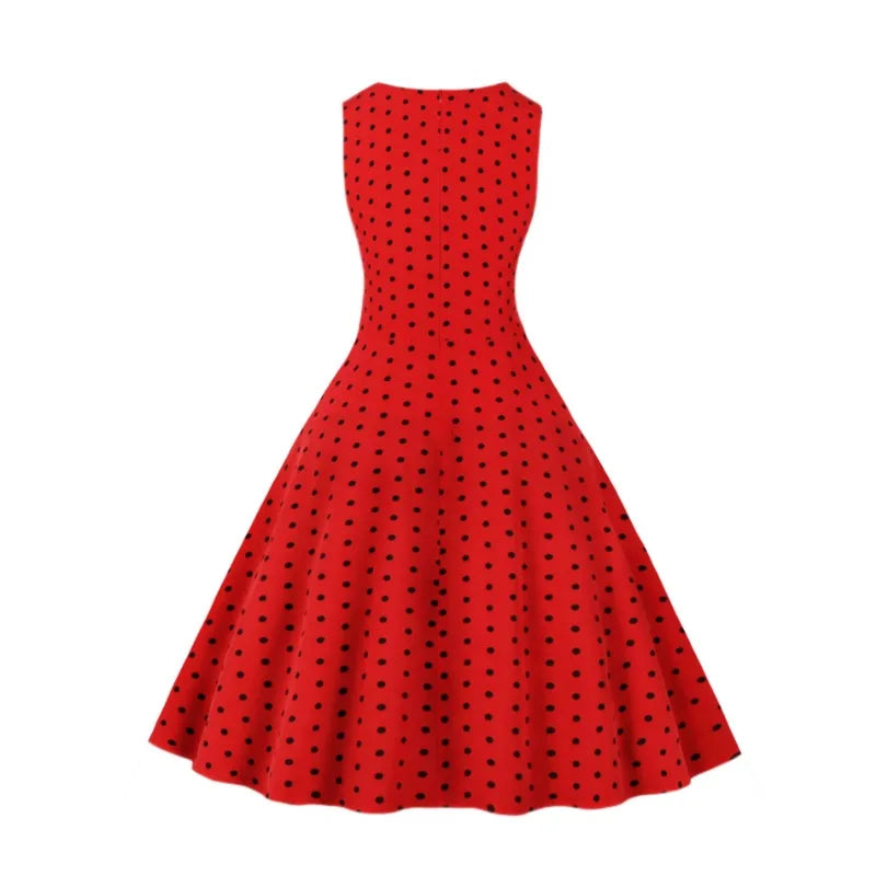 2025 New Women Party Dress Dot Print Sleeveless A Line 50s Evening Gowns Red A-line Tight Waist Prom Banquet Summer Midi Dress
