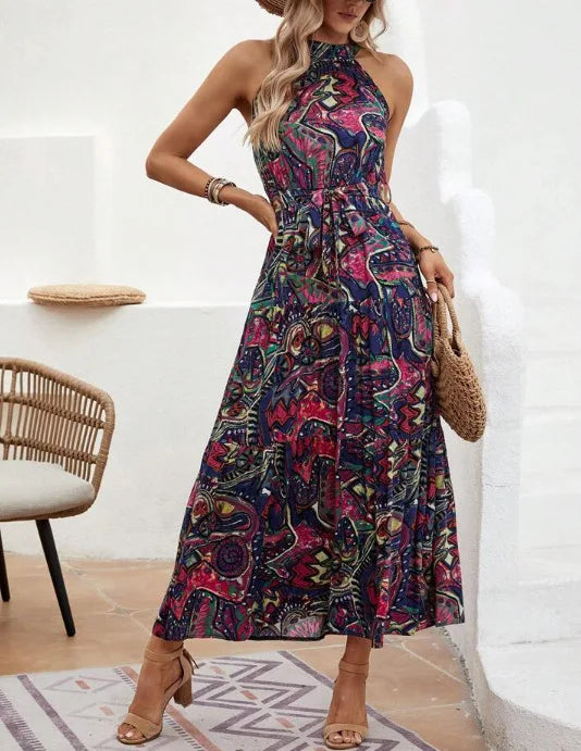 Women's Dress Elegant Print Sleeveless O-neckhalter Off Shoulder Dresses Vintage Waistlace Up Boho Women Long Dress Vestidos